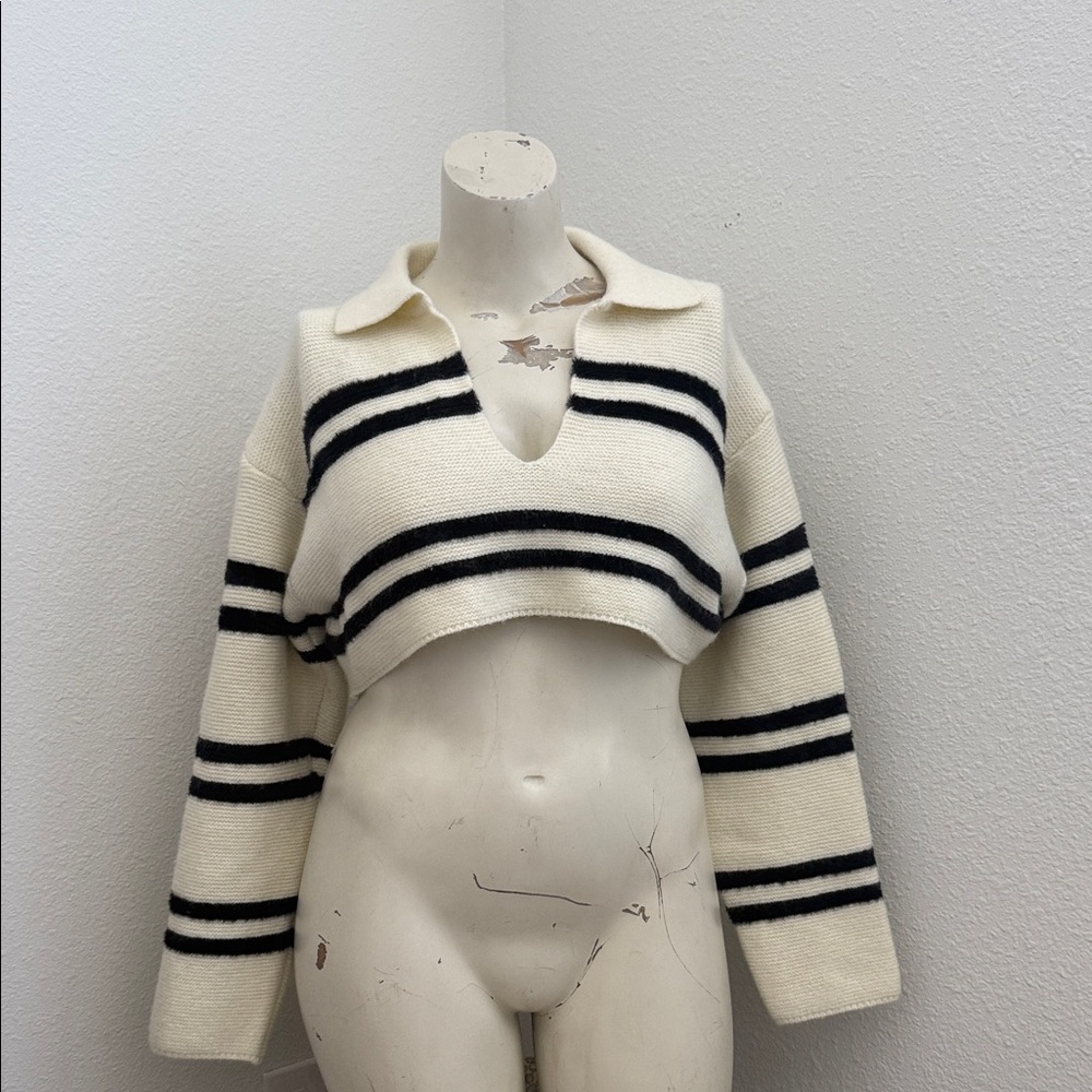 Buttermelon Small Cropped Ivory Stripe Collared Sweater - Women's
